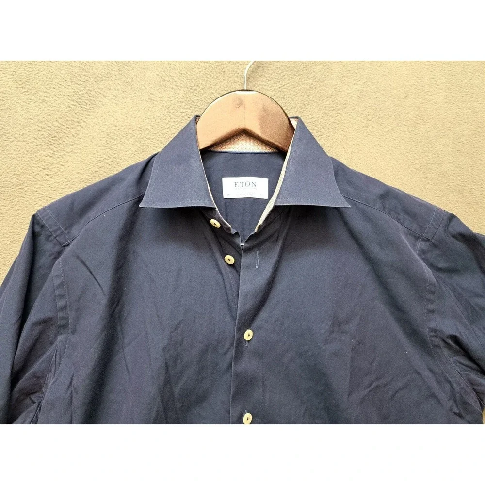 Eton Contemporary Fit Shirt Mens Flip Cuff Long Sleeve Blue Solid Size 39 15.5